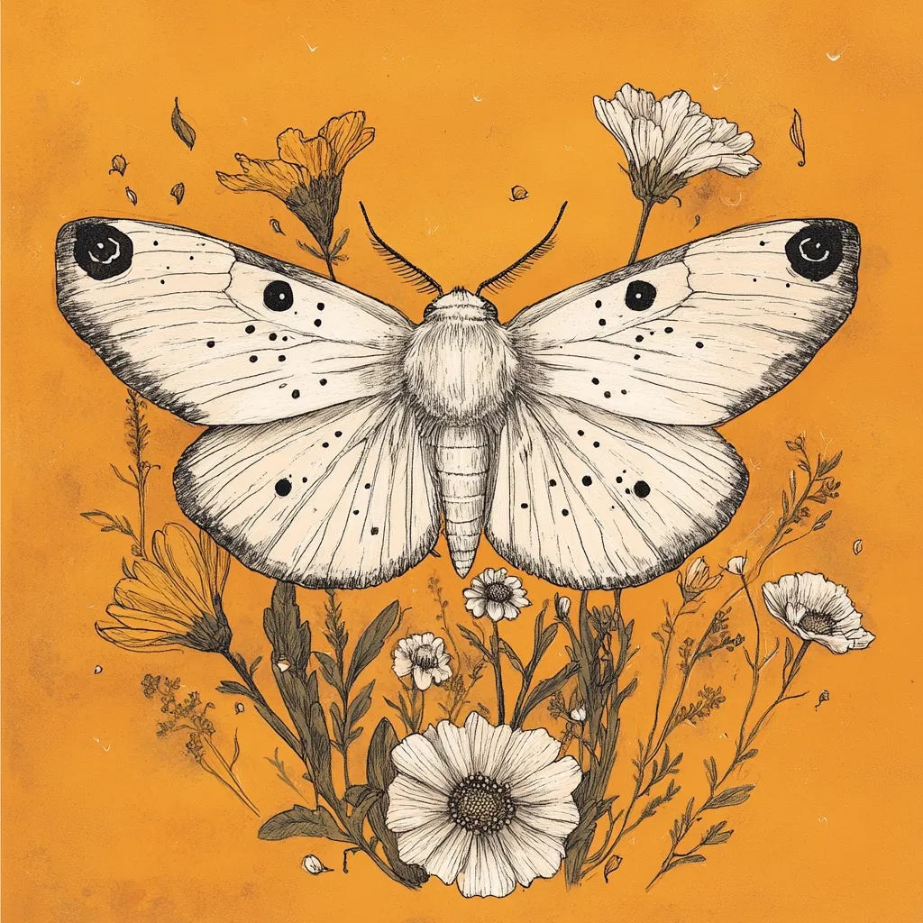 A detailed line drawing showcases a large, light-colored moth with dark spots, its wings spread wide against a vibrant orange background.  The moth is surrounded by an array of meticulously drawn wildflowers in varying sizes and shapes, creating a harmonious and aesthetically pleasing composition. The style suggests a vintage botanical illustration with a touch of modern artistry.