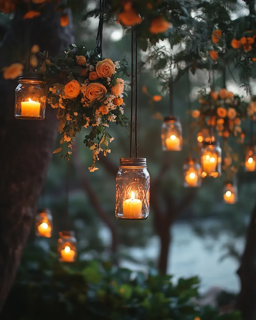 Mason jars, adorned with orange roses, hang from tree branches, illuminating the twilight scene with warm candlelight.  Multiple jars create a romantic ambiance, their soft glow casting a magical spell on the lush green foliage. The overall effect is serene and enchanting, a picture of outdoor charm and tranquility.