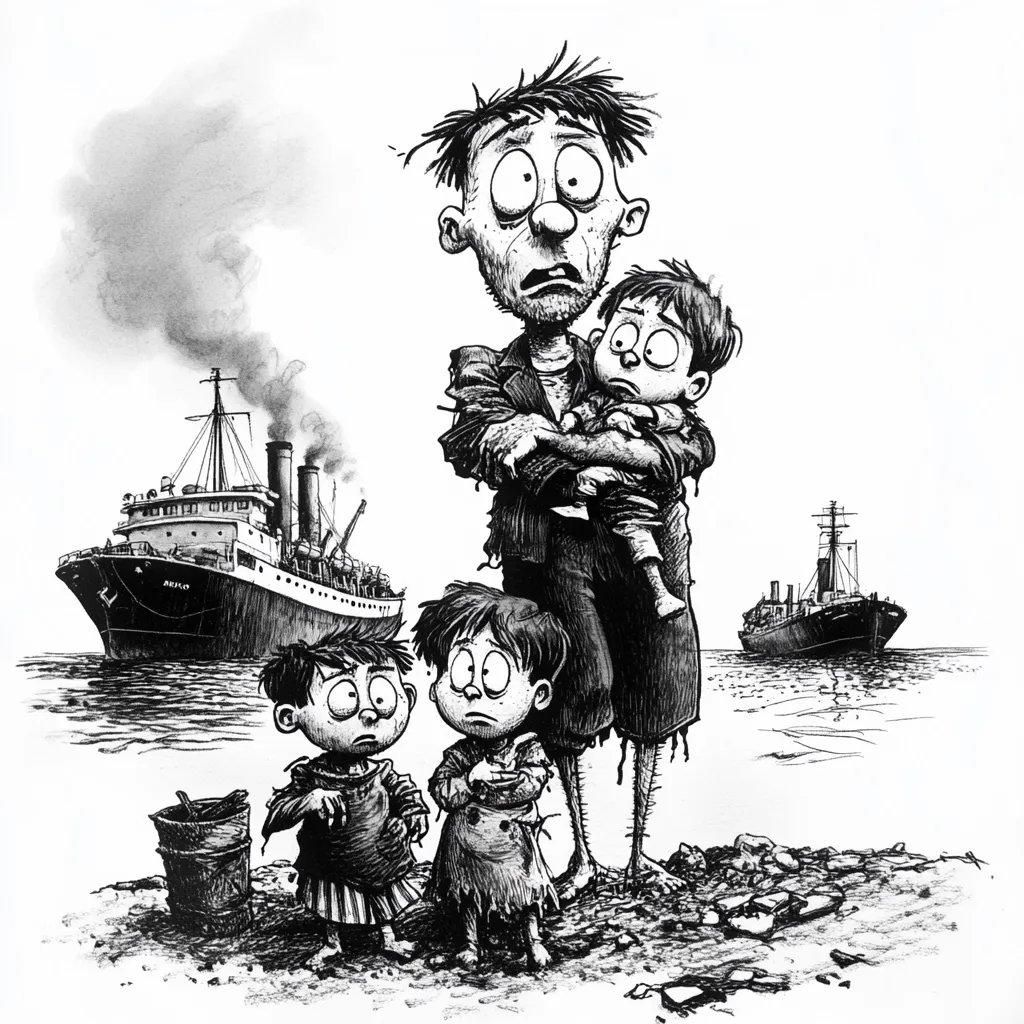 A black and white illustration depicts a distraught, ragged father holding a young child, while two other children stand nearby.  They are on a shore, watching large ships sail away in the background, suggesting a scene of displacement or emigration. The father's worried expression and the children's impoverished appearance evoke feelings of hardship and desperation.  The contrast between the imposing ships and the vulnerable family emphasizes the scale of their situation.