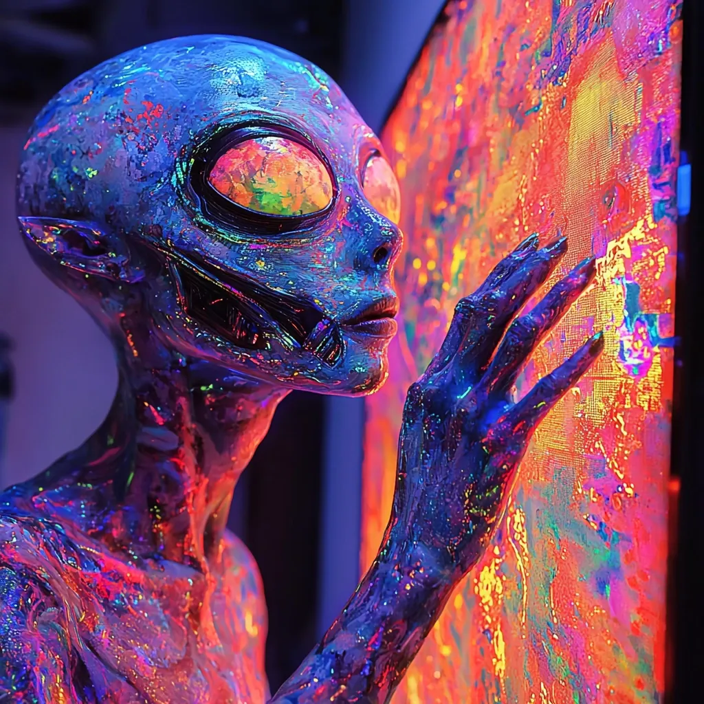 A vibrant image depicts an alien-like figure, its body adorned in iridescent, neon paint.  The creature's skin shimmers with blues, purples, and pinks, its large eyes glowing with multicolored light. It interacts with a similarly colorful, abstract painting, its hand appearing to touch or explore the artwork's surface. The overall effect is one of surreal beauty and otherworldly intrigue.