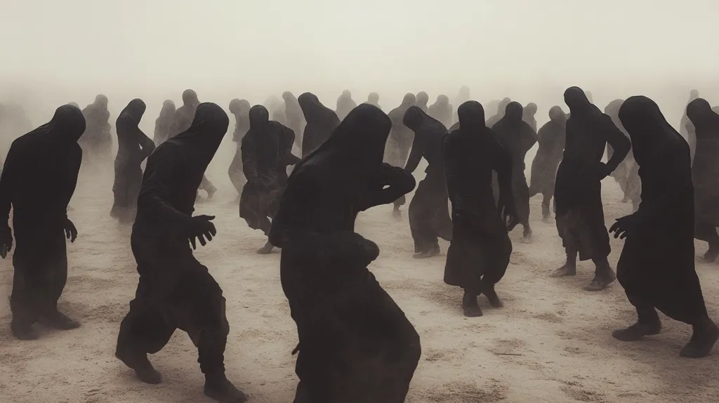 A large group of figures, cloaked in black and shrouded in dust, move in a hazy, desolate landscape.  Their faces are obscured, creating an anonymous and somewhat unsettling scene. The muted tones and dusty atmosphere emphasize a sense of mystery and isolation. The figures' movement suggests a ritual or performance in this barren, windswept environment.
