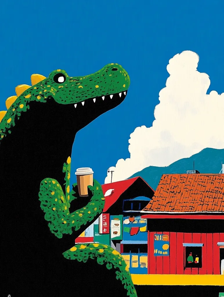 A friendly green dinosaur, with yellow accents, sits in a vibrant cityscape under a bright blue sky.  The dinosaur holds a takeaway coffee cup.  The buildings are colorful and stylized, with a red building prominently featured, suggesting a small town or village setting. The overall style is playful and whimsical.
