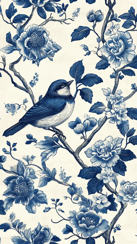 A blue and white floral pattern features a detailed illustration of a bird perched on a blossoming branch.  The style is reminiscent of Chinoiserie, with intricately drawn flowers and leaves in varying shades of blue against a creamy white background. The bird is rendered with fine detail, showcasing its plumage. The overall design is elegant and sophisticated, suitable for wallpaper or fabric.