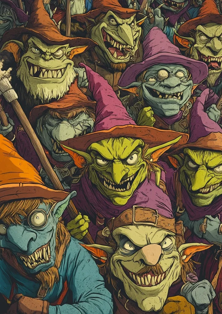 A vibrant illustration showcases a horde of goblins, each with unique features and expressions.  They wear pointed hats in various colors and are armed with staffs and other weaponry.  Their grotesque faces and mischievous grins convey a sense of chaotic energy and impending action. The detailed artwork highlights the textures of their clothing and skin, creating a richly detailed and engaging scene.