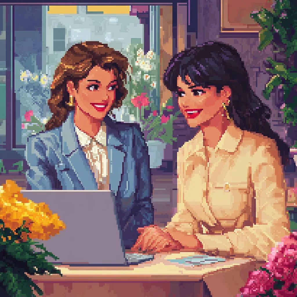 A pixel art illustration depicts two women in a flower shop, working on a laptop. One woman, with auburn hair and a blue blazer, sits slightly behind the other, who has dark hair and wears a beige shirt.  The scene is set in a vibrant, retro-styled shop filled with flowers, showcasing the warm lighting and the friendly interaction between the two women.