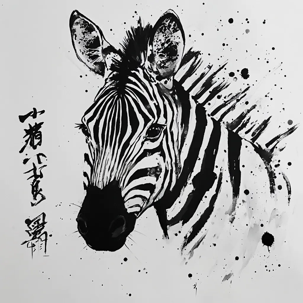 A striking monochrome artwork depicts a zebra's head and shoulders.  The artist uses bold black ink strokes to create the zebra's distinctive stripes against a white background, with expressive brushstrokes suggesting movement and texture.  Ink splatters add to the dynamic energy of the piece.  Vertical Chinese characters are subtly placed to the left. The overall style is bold and expressive.