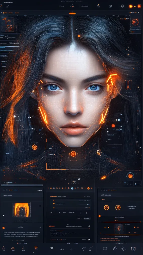 A digital art piece depicts a woman's face overlaid with a futuristic, tech-inspired interface.  Orange and blue hues illuminate the intricate network of lines and data streams surrounding her.  The overall aesthetic is dark and sleek, blending a realistic portrait with a cyberpunk style.  Information panels and graphic elements suggest a technological system monitoring or analyzing the subject.