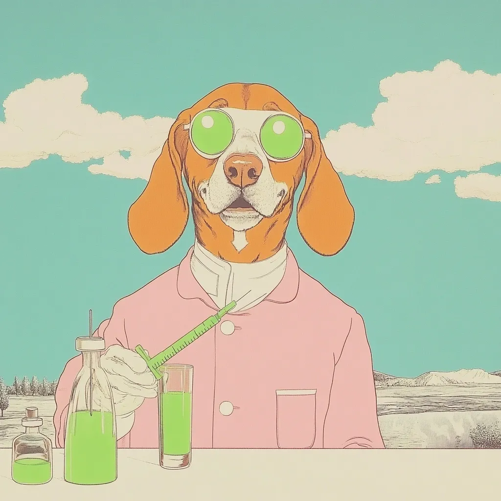 A beagle dog, wearing oversized green sunglasses and a pink lab coat, meticulously fills a glass with a lime-green liquid using a syringe.  The scene is set against a serene, pastel landscape under a bright sky.  The dog's expression is serious and focused, suggesting a scientific experiment is underway.  Small bottles of the same liquid are also visible on the counter.