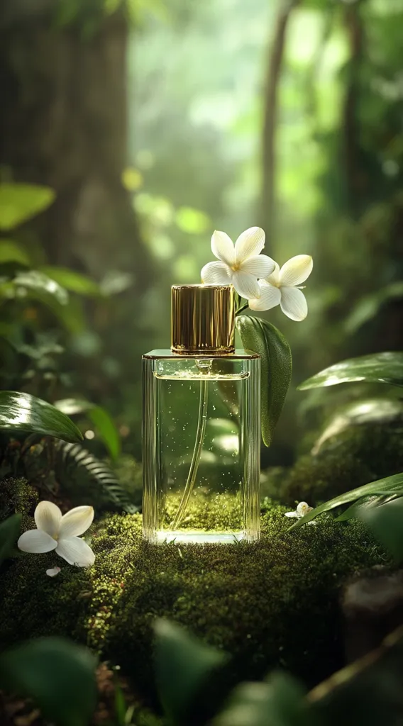 A glass perfume bottle with a gold cap sits on a bed of moss in a lush forest.  White flowers, possibly jasmine, adorn the bottle and the surrounding foliage. Sunlight filters through the trees, creating a serene and natural ambiance. The scene evokes a feeling of freshness and tranquility, highlighting the perfume's connection to nature.