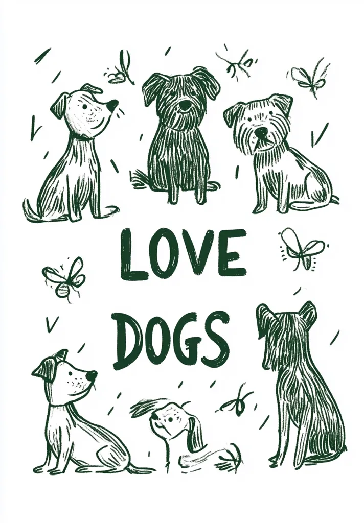 A charming illustration showcases six dogs in various poses, surrounded by butterflies and playful markings.  The words "LOVE DOGS" are prominently displayed in the center.  The dogs are drawn in a simple, hand-drawn style with dark green ink on a white background, conveying a sense of warmth and affection for canine companions.