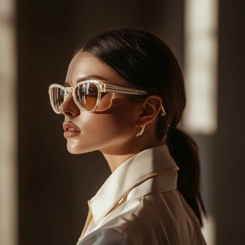 A young woman with dark hair pulled back in a low ponytail wears translucent, amber-tinted sunglasses.  She's dressed in a creamy, collared shirt, and sunlight casts shadows on her face and clothing.  Her profile is shown, highlighting her sculpted features and delicate gold earrings.  The overall mood is one of quiet elegance and understated beauty.