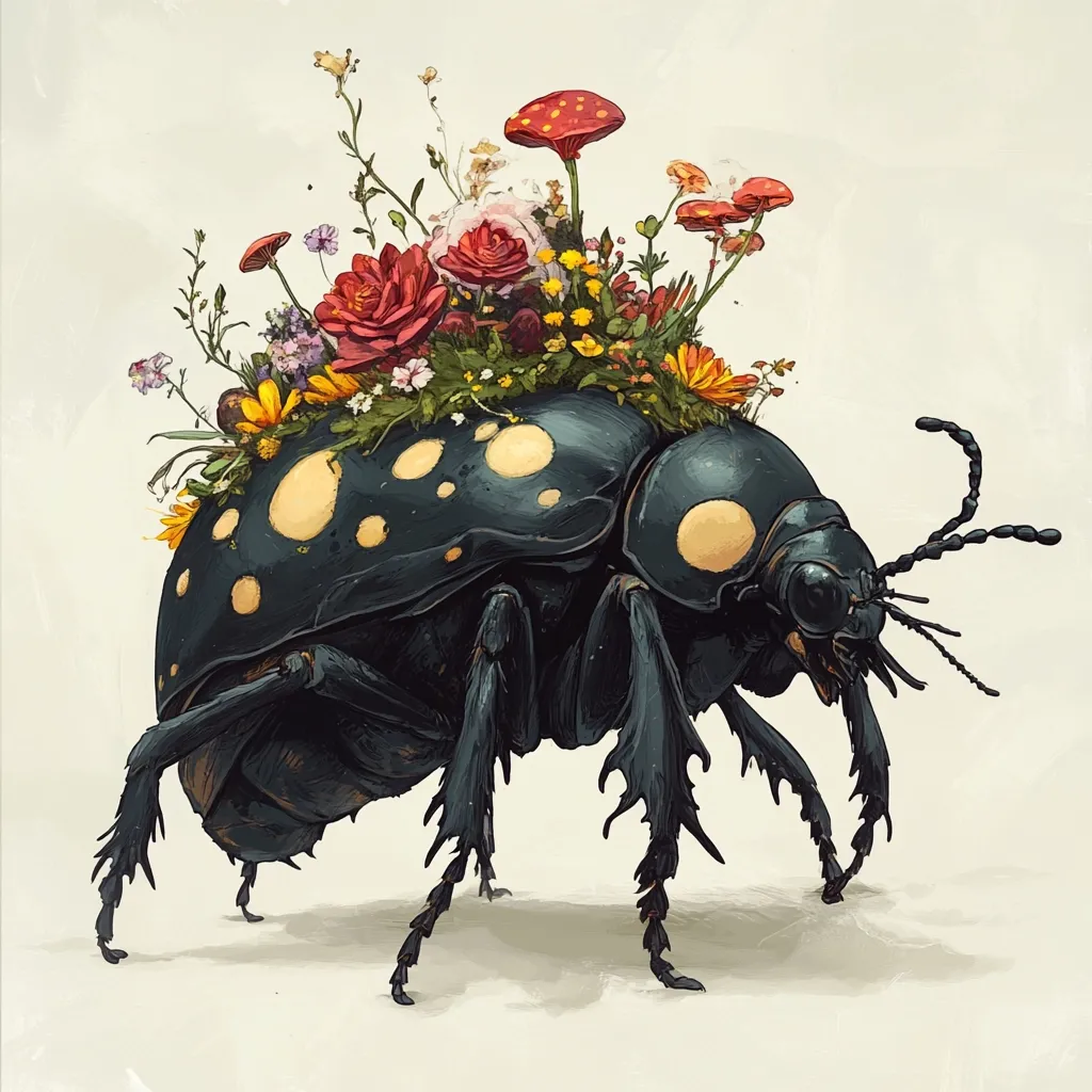 A large, dark beetle with yellow spots carries a vibrant bouquet of wildflowers and small mushrooms on its back. The beetle is meticulously detailed, showcasing sharp legs and antennae. The flowers are rendered with a realistic style, contrasting the beetle's darker tones.  The overall composition suggests a surreal and whimsical scene, blending elements of nature in an unexpected way.