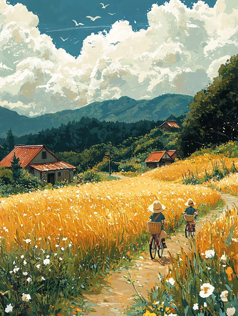 A picturesque countryside scene unfolds under a vibrant, cloudy sky. Two children, wearing straw hats, leisurely cycle down a dirt road that meanders through a golden wheat field.  Small houses with red roofs dot the landscape, nestled amidst lush greenery and rolling hills in the distance. Birds fly overhead, adding a touch of serenity to the idyllic setting. The overall style is painterly and whimsical.