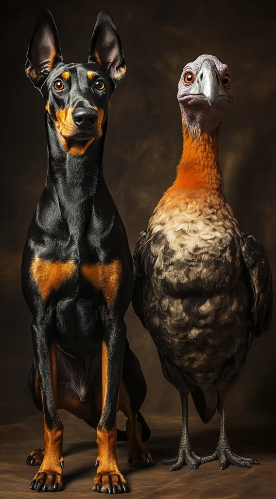 A Doberman Pinscher and a large, stylized bird sit side-by-side against a dark brown background.  The dog is black with tan markings, attentively gazing at the viewer. The bird, with an unusual combination of turkey and vulture features, has a predominantly dark plumage with hints of orange.  Both animals are sharply in focus, creating a striking contrast in textures and species.