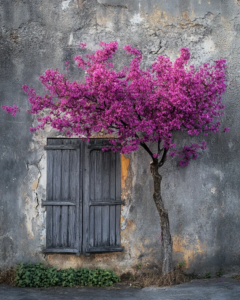 A vibrant pink flowering tree stands before a weathered gray stone wall.  The tree's blossoms contrast sharply with the aged, cracked texture of the wall, which features a worn, dark gray wooden window shutter.  The scene evokes a sense of rustic charm and the passage of time.  Low-lying greenery frames the base of the wall.