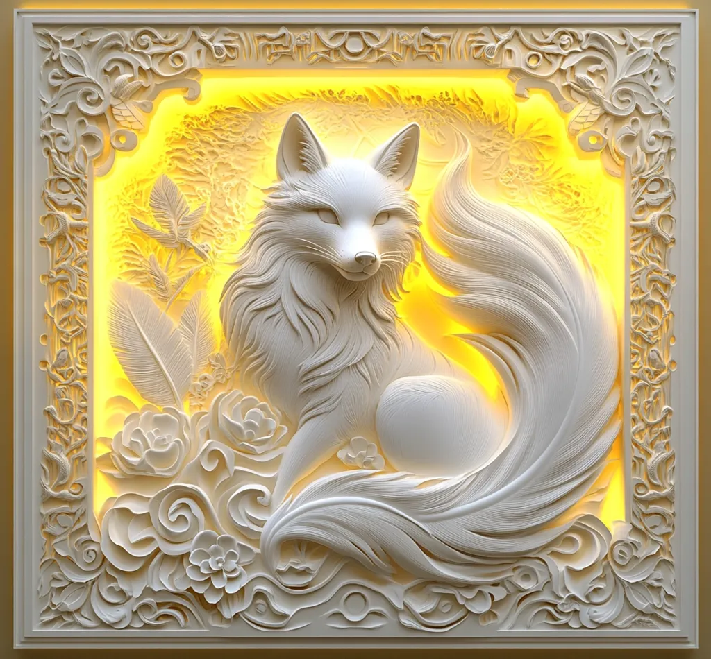 An intricately carved white fox, its large, fluffy tail extending dramatically, is the centerpiece of a square relief.  The fox sits amidst stylized flowers and feathers, all illuminated by a warm yellow glow from behind.  The relief is framed by an ornate, decorative border, creating a stunning, three-dimensional artwork. The overall effect is elegant and ethereal.