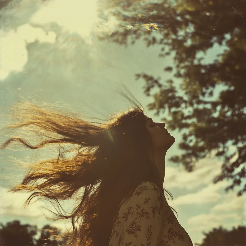 A young woman with long, flowing brown hair stands in profile, her head tilted back, face turned towards the sun.  Her hair is wildly blown by a gentle breeze, creating a sense of freedom and lightness. She wears a light-colored, floral-patterned dress. The background is a hazy, sun-drenched sky and the leafy branches of a tree. The overall mood is serene and evocative.