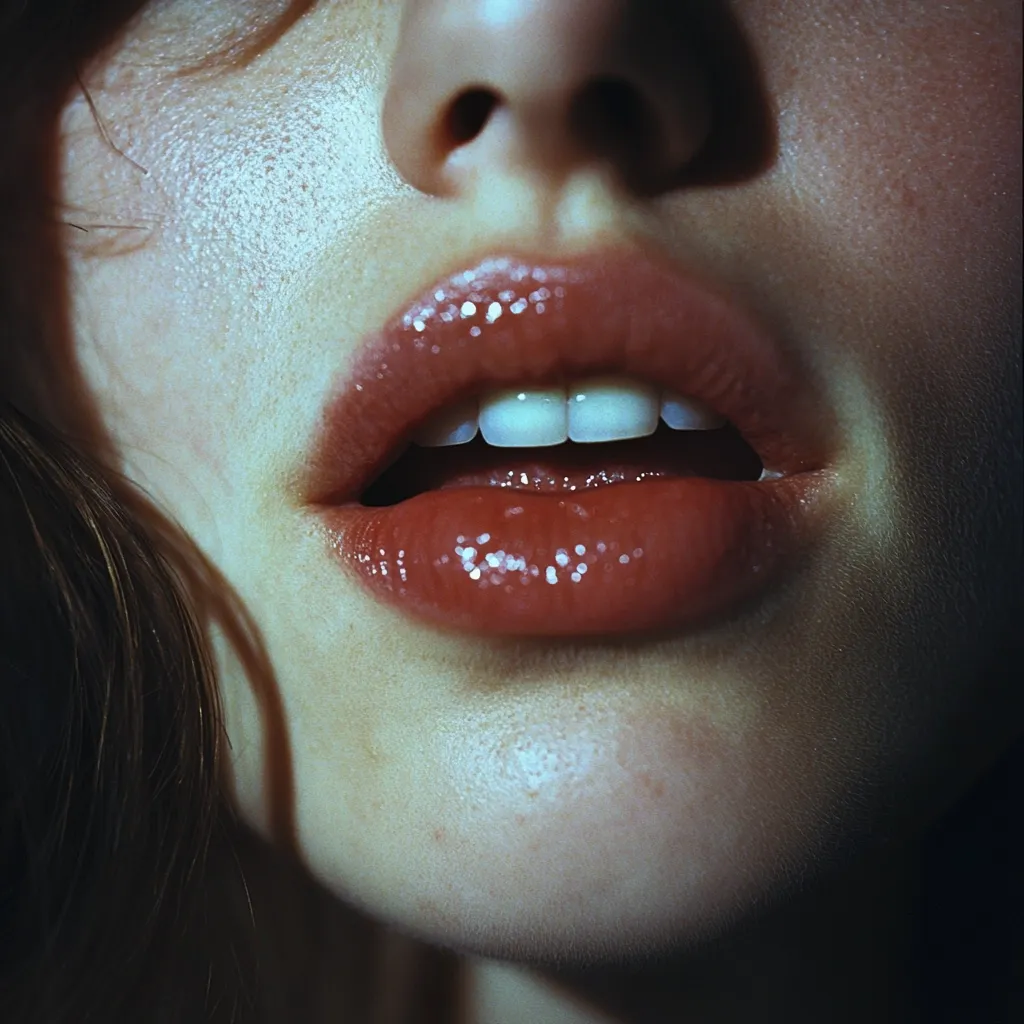 Close-up of a woman's mouth.  Her lips are full and coated in glossy, reddish-brown lipstick.  Her teeth are visible, and her skin has a soft, slightly textured appearance.  A shadow falls across part of her face, highlighting the texture and creating a moody atmosphere.  The image focuses intensely on the sensual details of her lips.