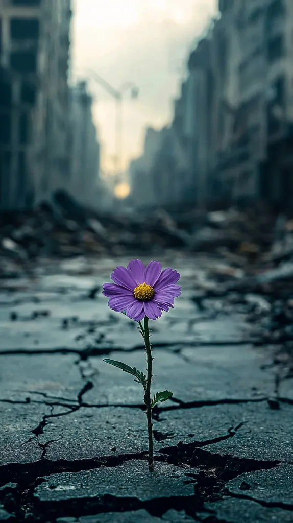 A single purple flower bravely pushes through cracked asphalt, its delicate stem defying the harsh, desolate urban landscape.  The background shows a blurred, war-torn city street, hinting at destruction and resilience. The contrast emphasizes the flower's tenacity and symbolizes hope amidst devastation.