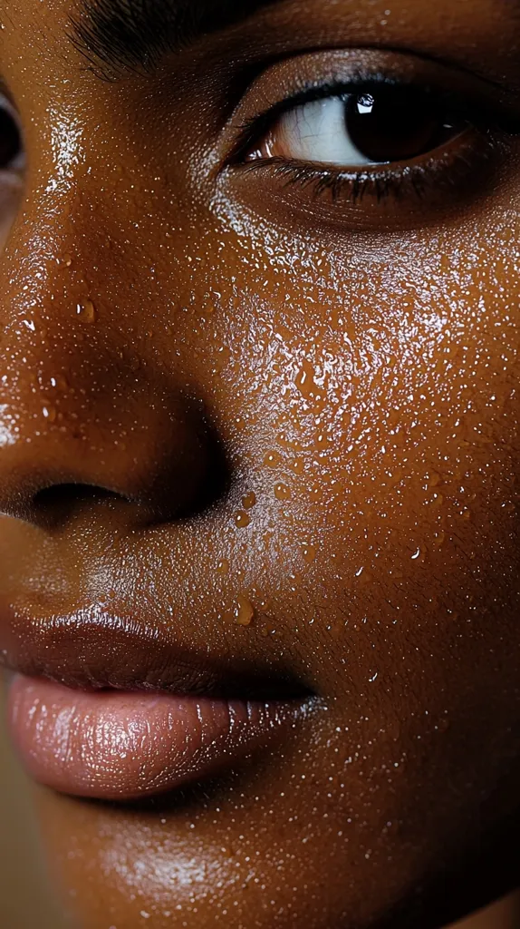 A close-up shot reveals the face of a person with dark skin, glistening with perspiration.  Tiny beads of sweat cover their forehead, nose, and cheeks, reflecting light.  Their eyes, partially visible, are dark and intense.  The focus is sharply on the texture of the skin and the droplets of sweat, creating a dramatic and intimate image.