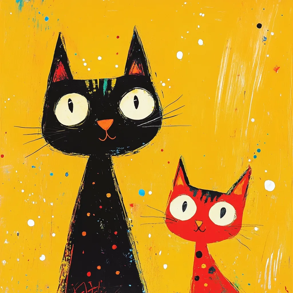 A vibrant painting features two stylized cats against a bright yellow background.  The larger cat is black with orange speckles, possessing large, expressive eyes.  A smaller, red cat with similar features sits beside it.  The style is playful and expressive, utilizing bold colors and visible brushstrokes to create a cheerful and whimsical scene.  White and multicolored dots add to the lively texture.