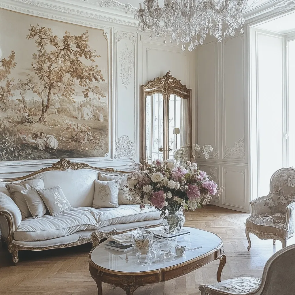 A luxurious living room in a Parisian-style apartment features an ornate gold sofa with plush cushions, a large scenic mural, and a crystal chandelier.  A lavish floral arrangement sits on a marble-topped coffee table, complementing the elegant, light-colored décor. A gold-framed mirror and a delicate armchair add to the room's refined atmosphere, creating a sophisticated and serene space.  The herringbone wood flooring enhances the overall opulent ambiance.