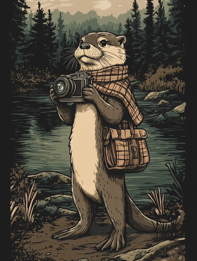 An otter, wearing a plaid scarf and carrying a vintage camera and a satchel, stands by a tranquil river in a forest.  The scene is rendered in a stylized, vintage illustration style, with rich dark greens and browns dominating the color palette. The otter appears to be thoughtfully observing the serene landscape. The overall mood is peaceful and evocative of nature photography.