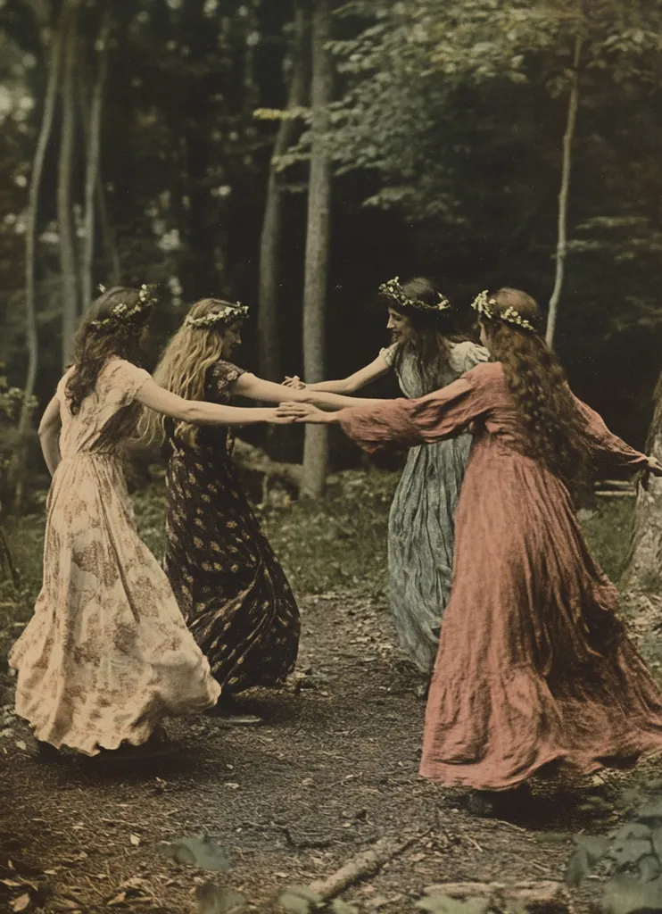 Four young women, adorned in flowing dresses and floral crowns, participate in a circle dance within a wooded setting.  Their long hair cascades down their backs as they gracefully move together, creating a serene and whimsical scene.  The image evokes a sense of folklore and springtime ritual.  The muted colors enhance the dreamlike atmosphere of the photograph.