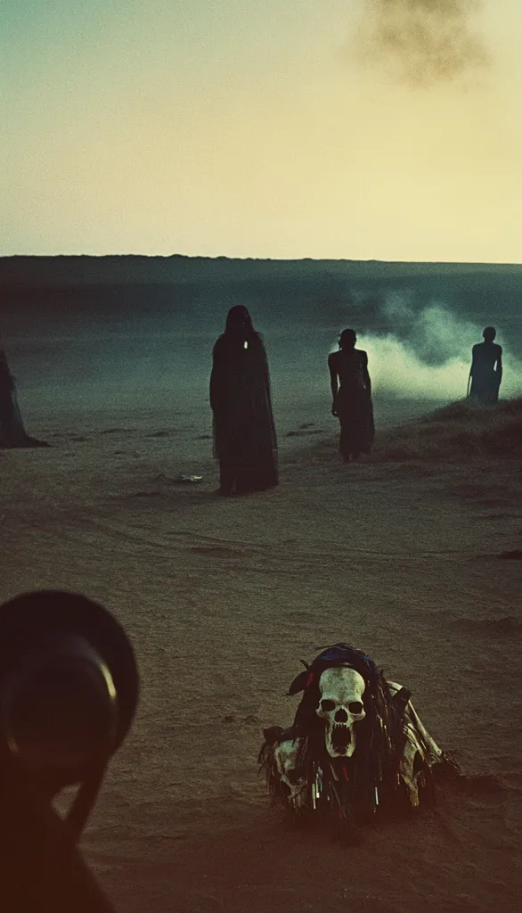 Silhouetted figures traverse a desolate, sandy landscape under a dusky sky.  A central figure, cloaked and imposing, stands out amongst the others.  In the foreground, a skull adorned with dark, shaggy material sits on the sand, creating an eerie and mysterious scene. The overall atmosphere is somber and suggestive of a ritual or a journey through a harsh, unforgiving environment.