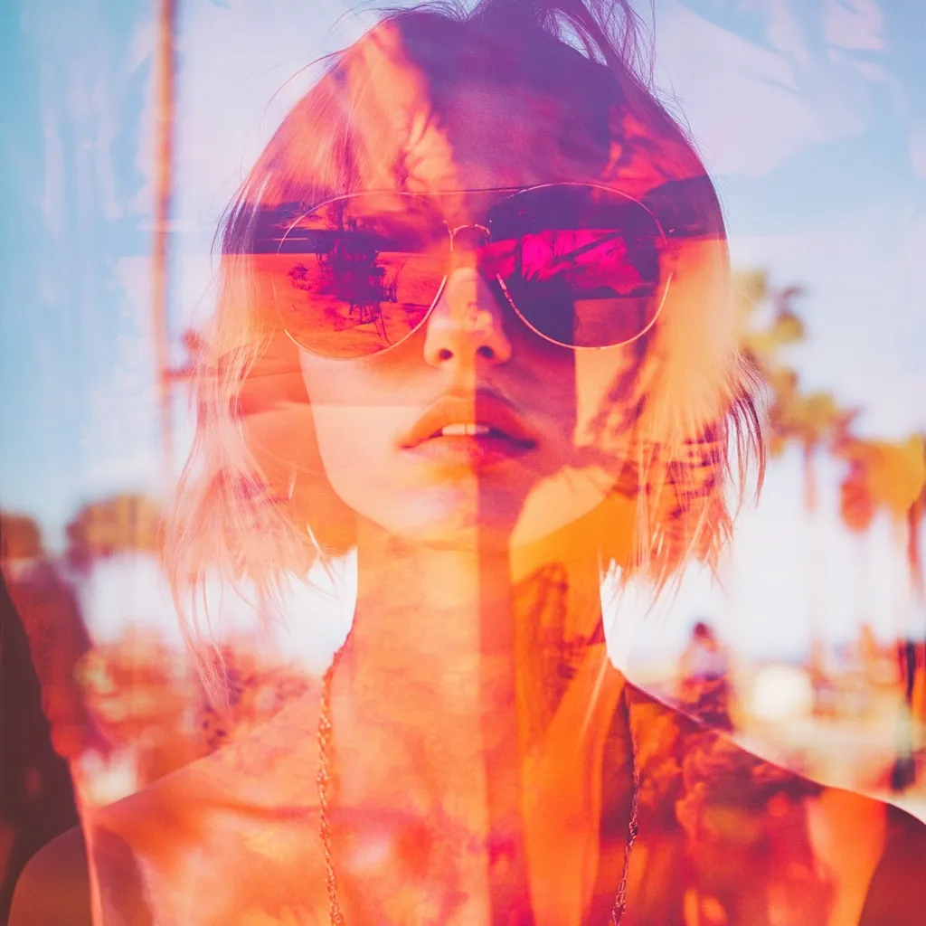 A double exposure image of a young woman with short blonde hair wearing aviator sunglasses.  Warm, vibrant orange and pink tones dominate the picture, creating a dreamy, summery aesthetic.  Palm trees and a beach scene are subtly layered beneath her, suggesting a carefree, beach vacation vibe.  The overall effect is one of warmth, freedom, and summer nostalgia.