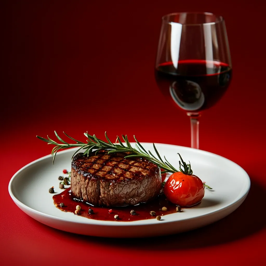 A perfectly seared filet mignon rests on a white plate, adorned with a sprig of rosemary and a roasted cherry tomato.  A rich red wine sauce drizzles across the plate, accompanied by peppercorns.  A glass of red wine stands in the background, enhancing the elegant and sophisticated presentation of this gourmet meal against a deep red backdrop.