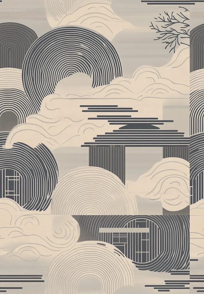 The image is an abstract design featuring concentric circles and linear patterns in shades of beige and dark gray.  The style evokes a sense of tranquility and blends geometric shapes with organic cloud-like forms. A minimalist, stylized tree branch is subtly incorporated into the design. The overall effect is a calming, modern aesthetic with subtle hints of Asian-inspired art.