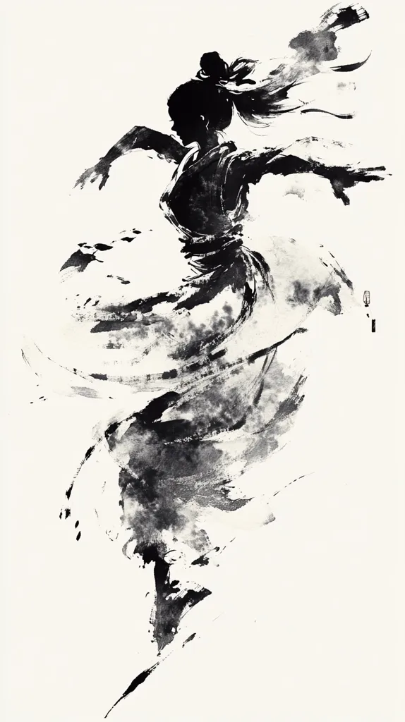 A dynamic ink painting depicts a woman in motion.  Her form is suggested through bold black strokes, creating a silhouette against a white background.  Long, flowing hair and robes are implied by the swirling brushwork, conveying a sense of energy and fluidity.  The style is evocative of East Asian ink art, emphasizing movement and suggestion rather than precise detail.