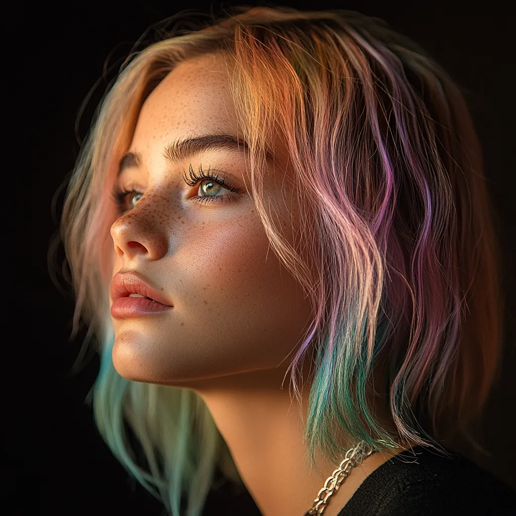 Close-up portrait of a young woman with a short, wavy hairstyle featuring pastel pink, purple, and teal highlights.  Her skin is fair with freckles, and she has light-colored eyes. She is looking upward and slightly away from the camera, her expression serene and thoughtful. The lighting highlights her features and hair color beautifully against a dark background.  She wears a simple chain necklace.