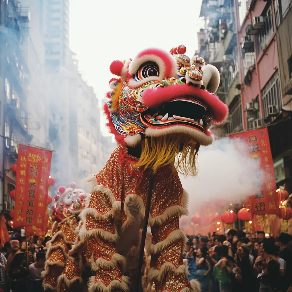 A vibrant lion dance dominates the foreground, its ornate red and gold costume shimmering.  Smoke billows in the background, adding to the atmosphere of a bustling Chinese New Year celebration.  The parade winds through a crowded city street, lined with onlookers and festive red lanterns.  The lion's head is detailed and expressive, capturing the energy of the traditional performance.