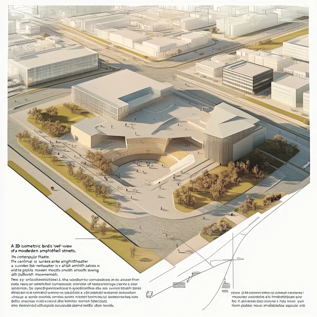 This 3D isometric bird's-eye view shows a modern amphitheater in a city setting.  The central sunken amphitheater is surrounded by a plaza and landscaping, with buildings forming a backdrop.  The design features smooth, flowing lines and integrates seamlessly with the surrounding streets and urban environment.  The image depicts a tranquil yet active public space.