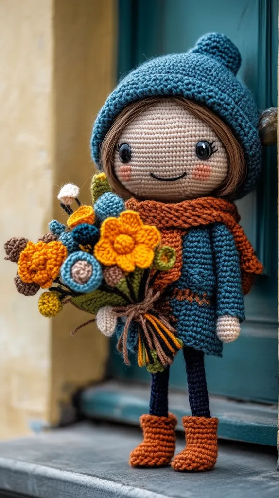 A charming crocheted doll stands by a teal door, holding a vibrant bouquet of crocheted flowers.  The doll wears a teal hat, orange scarf, and matching boots.  Her features are delicately crafted, and her expression is cheerful. The autumnal colors of the flowers and attire create a cozy and heartwarming scene.