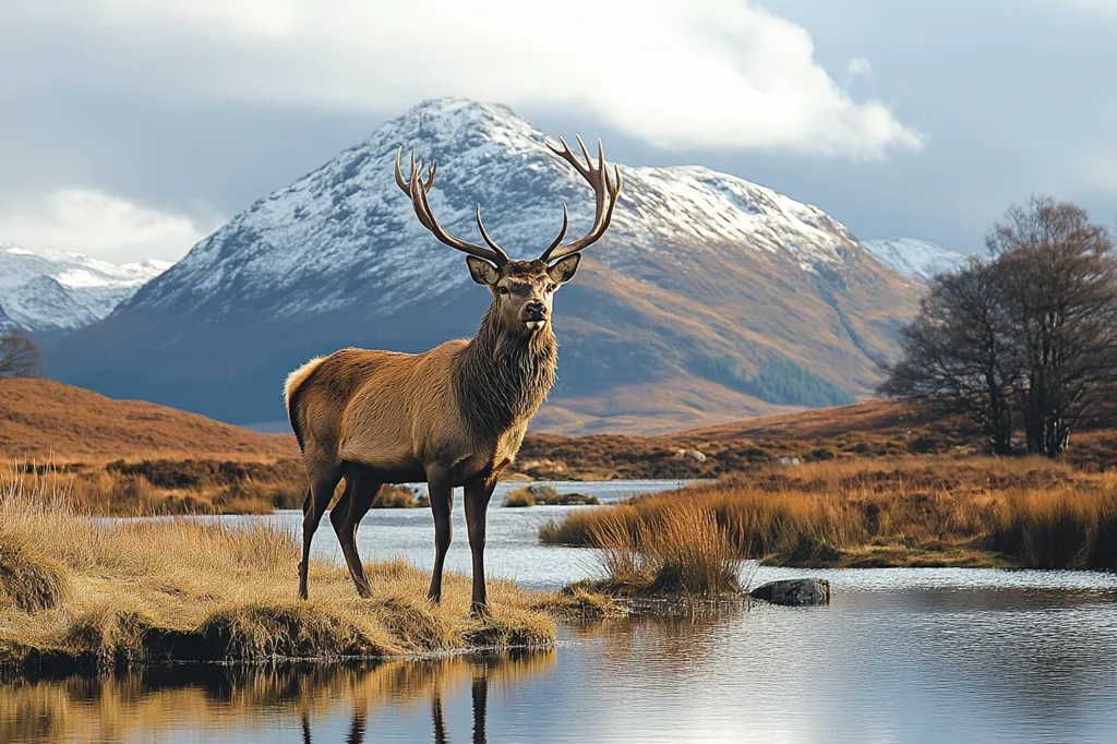 A majestic red deer stag stands proudly by a tranquil loch, its antlers silhouetted against a backdrop of snow-capped Scottish mountains.  The autumnal landscape is serene, with dry grasses and a calm reflection of the mountains in the water. The deer's powerful presence dominates the scene, showcasing the wild beauty of the Highlands.