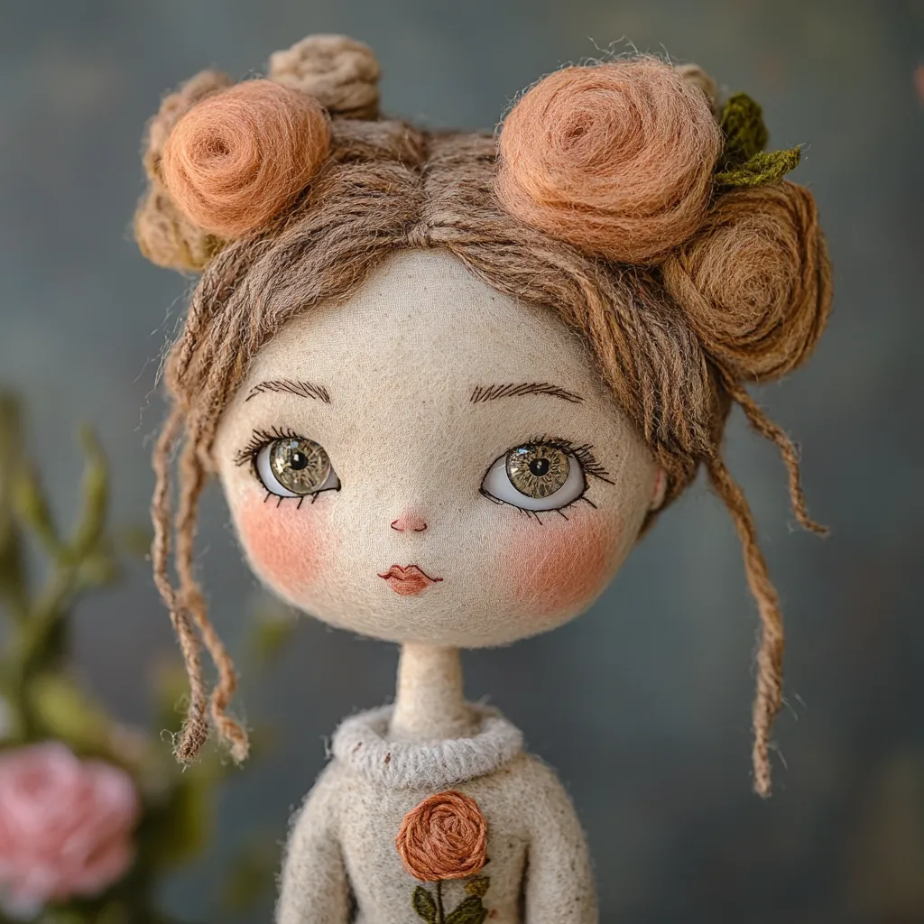 A handcrafted doll with rosy cheeks and large, expressive eyes gazes directly at the viewer.  Her light brown yarn hair is styled in two topknots adorned with felt roses.  She wears a simple cream-colored sweater, also embellished with a small embroidered rose. The doll's features are delicately painted, giving her a sweet and charming expression.  The overall aesthetic is soft, whimsical, and artisan-made.