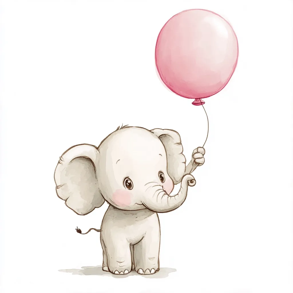 An adorable baby elephant, rendered in a watercolor style, stands holding a light pink balloon.  The elephant is light gray with large ears and expressive eyes.  The scene is simple and charming, evoking feelings of innocence and joy, perfect for children's illustrations or cards. The overall style is sweet and delicate.