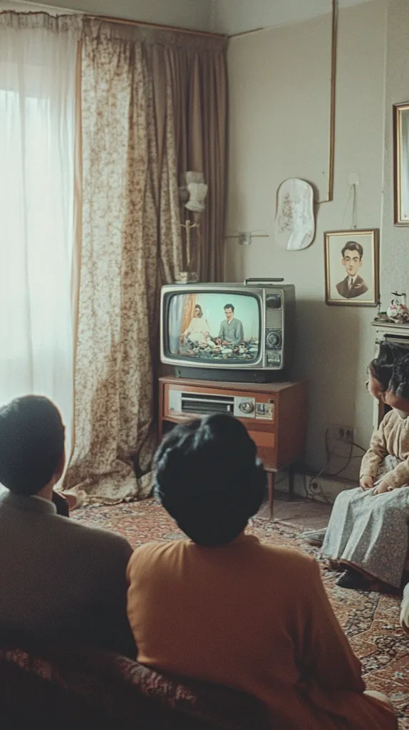 A family sits in a living room, watching a vintage television. The TV shows a couple, and the room is decorated in a retro style with patterned curtains and framed portraits on the walls. The family members, including two adults and a child, are dressed in modest clothing.  The scene evokes a feeling of nostalgia and a bygone era.  The overall color palette is muted earth tones.