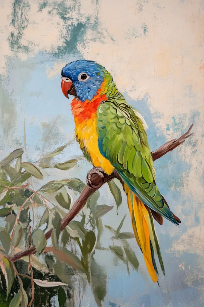 A vibrant painting showcases a Rainbow Lorikeet perched on a branch.  The bird's plumage is vividly rendered, displaying its blue, green, yellow, orange, and red colors.  It is positioned against a soft, textured background of pale blues and whites, suggesting a sky or light airy space. The branch is partially obscured by foliage, adding depth to the artwork's composition. The overall style is impressionistic, with visible brushstrokes contributing to the lively feel.