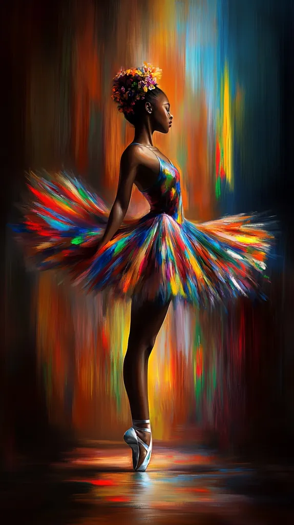A vibrant painting depicts a Black ballerina, poised en pointe.  She wears a colorful, explosion-like tutu in a spectrum of hues, contrasting with her dark skin and a floral crown. The background is an abstract wash of warm and cool tones, mirroring the tutu's energy. The overall style is impressionistic, emphasizing movement and emotion.
