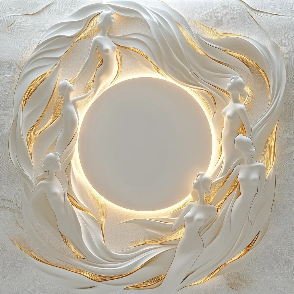 An elegant, circular 3D wall art piece features several sculpted female figures gracefully intertwined within flowing, white fabric-like forms.  Accents of gold highlight the curves of the fabric.  The figures are nude, stylized, and positioned around a central, illuminated circle, creating a sophisticated and ethereal design.  The overall effect is one of luxury and artistic refinement.