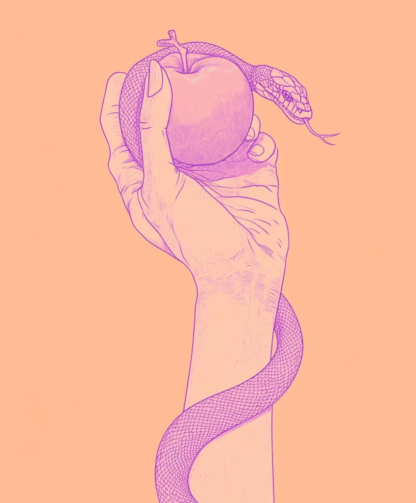 A stylized line drawing depicts a hand holding an apple, with a snake elegantly coiled around the hand and apple.  The colors are muted pastels, creating a soft, almost ethereal effect. The image is reminiscent of the biblical story of the Garden of Eden, symbolizing temptation and forbidden knowledge.  The detailed linework enhances the artistic interpretation of this classic allegory.