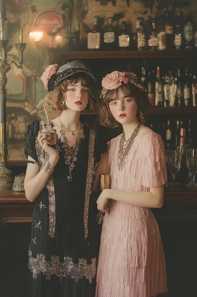 Two young women in vintage-style flapper dresses pose in a dimly lit bar setting.  One wears a black beaded dress with a cloche hat adorned with flowers, while the other wears a pale pink pleated dress with a floral crown.  Both dresses are embellished with delicate detailing. The background features a wooden bar stocked with liquor bottles, creating a 1920s atmosphere. They hold drinks in vintage glassware.