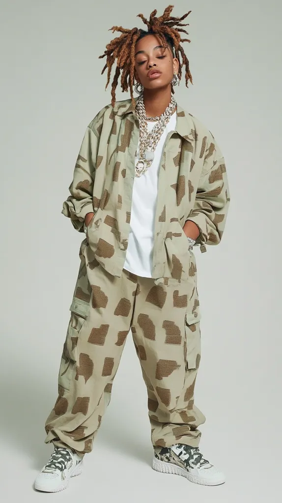 A young woman with long brown dreadlocks models a stylish, loose-fitting camouflage outfit. The ensemble consists of a matching jacket and cargo pants in a light beige and brown abstract camouflage print.  She accessorizes with a layered silver necklace and white sneakers, completing a relaxed yet fashionable look.
