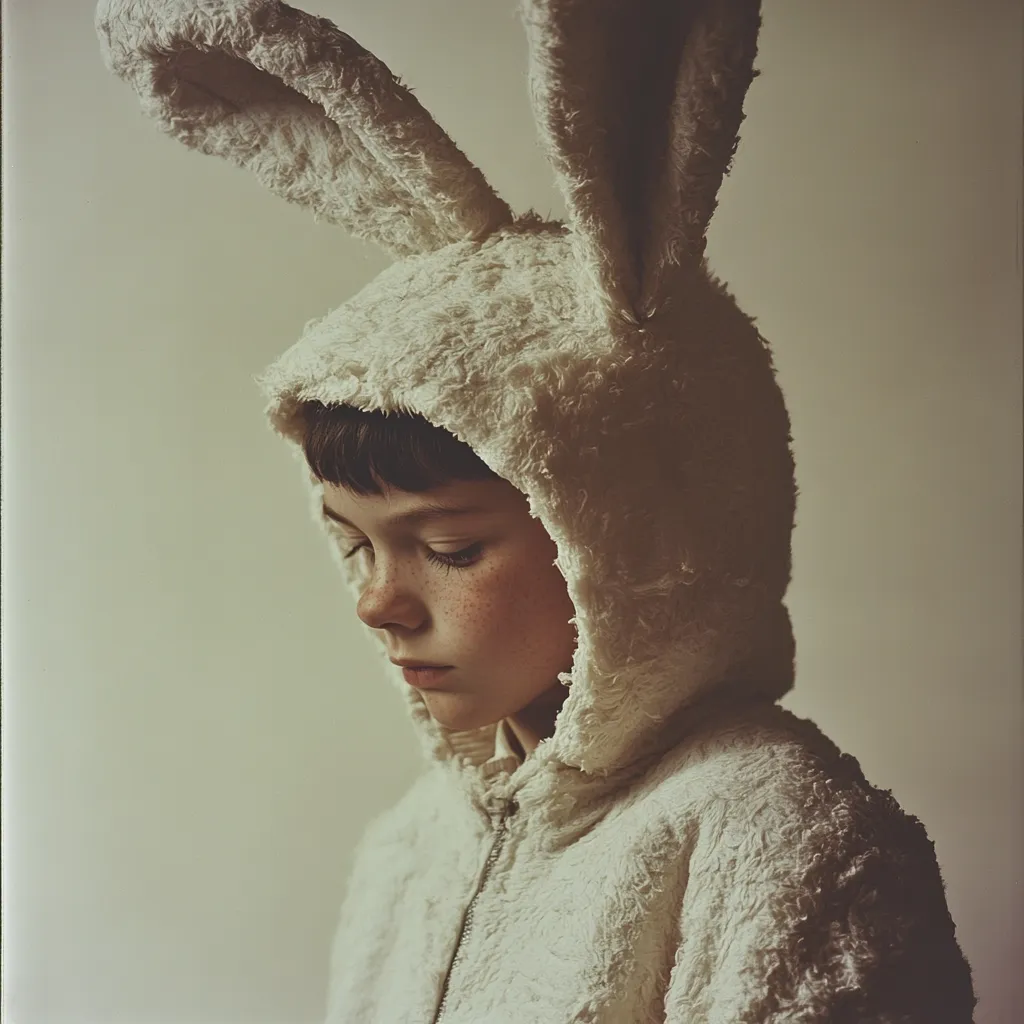 A young boy with freckles, wearing a fluffy white bunny costume, looks down. The costume's large ears frame his face, and his expression is somber.  The muted background and soft lighting create a pensive mood. The image evokes a sense of quiet contemplation or perhaps gentle sadness.