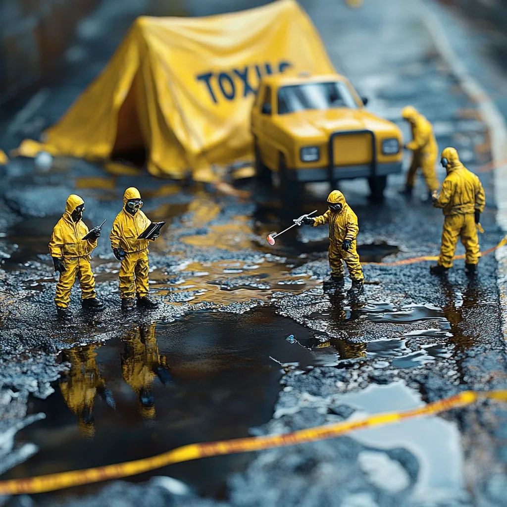 Miniature figures in hazmat suits investigate a toxic spill.  A yellow vehicle and a tent labeled "TOXIC" are nearby, suggesting a hazardous materials incident.  The scene is set on a wet, dark roadway, with puddles reflecting the figures and the caution tape delineating the contaminated area.  The overall image conveys a sense of urgency and danger.
