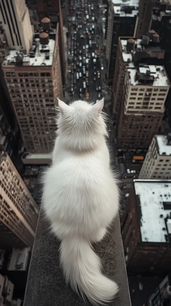A fluffy white cat sits on a high ledge overlooking a bustling city street far below.  Tall buildings stretch into the distance, creating a dramatic urban backdrop. The cat's back is to the camera, its long tail gracefully trailing behind.  The scene conveys a sense of height and the vastness of the city.